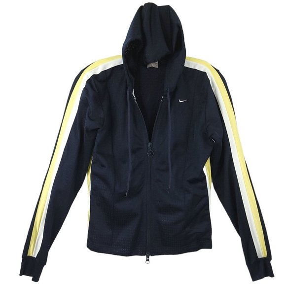 Nike Hooded Mesh Full Zip Athletic Track Jacket Size S Navy Blue White Yellow - Picture 3 of 16